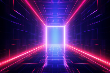 3d render, abstract background, square portal, red neon lights, virtual reality, glowing lines, pink blue, ultraviolet spectrum, laser show, smoke, fog, terrain, ground