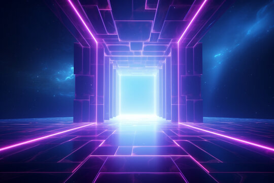 3d render, abstract background, cosmic landscape, square portal, pink blue lines, neon light, virtual reality, energy source, blank space, ultraviolet spectrum, laser show, smoke, fog, ground