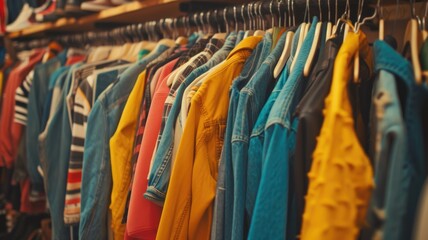 Color-Coordinated Selection of Outerwear on Rack in Clothing Store, Assorted Fashionable Vintage Clothing on Hangers second-hand clothing,
