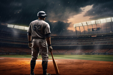 A baseball batter ready to throw baseball. He is wearing unbranded generic baseball uniform. The game takes place on outdoor baseball stadium under stormy evening sky at sunset - obrazy, fototapety, plakaty