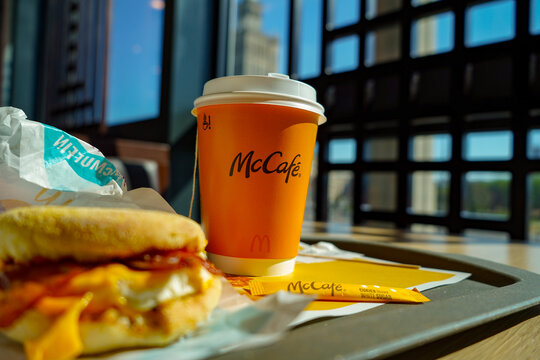 Warsaw P&ouml;land 6 june 2023 : MCCaf&eacute; , breakfast in McDonald's fastfood on a sunny morning