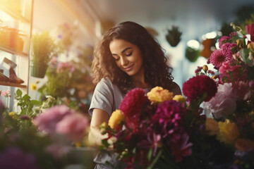 A young female florist is working in a modern flower store and smelling colorful flowers  - obrazy, fototapety, plakaty