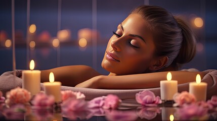 Obraz na płótnie Canvas Tranquil Spa Retreat: Gems, candles, and flowers set the stage for a spa concept, with a woman peacefully receiving a treatment