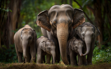 Fototapeta premium Elephant family in the woods. Generative AI