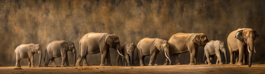 Row of elephants.Herd of elephant. Generative AI - obrazy, fototapety, plakaty