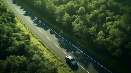Aerial View of Green Forest with Car on the Asphalt Road

