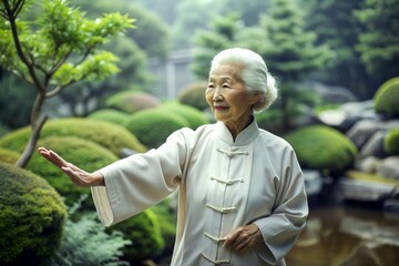 A Closeup Portrait of an Elderly Asian Woman Practicing Meditation