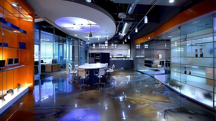 Science laboratory inspired office with High  tech equipment and lab, cool decor, modern office interior design