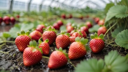 strawberries harvest in the indoor agriculture field. Delicious ripe strawberries from a modern greenhouse. industrial agriculture