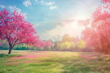 green fields of pink trees in nature under sunny sunshine Generative AI