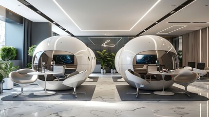 Space station inspired office with futuristic pods and zero, gravity chairs, modern office interior design - Powered by Adobe