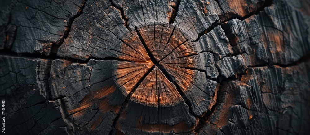 Poster a close up shot of a tree stump with a hollow center, surrounded by grass. the stump shows the intri