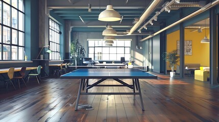 Startup office with flexible workstations and ping pong table, modern office interior design - obrazy, fototapety, plakaty