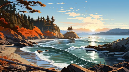 vector illustration painting of morning sunlight on a beautiful coastline