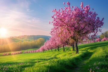 colorful blossoming tree lines a green landscape in spring Generative AI - obrazy, fototapety, plakaty