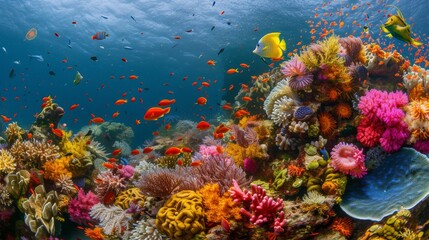 An abundance of colorful coral formations thriving with marine life in the vibrant underwater world, A vibrant coral reef teeming with strange and colorful marine life, AI Generated