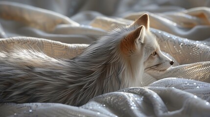 Silver fox laying on glittering garnet.  - obrazy, fototapety, plakaty
