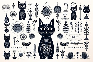 Cat elements hand drawn line art illustration and funny fur cat and kittens, Cats Doodle