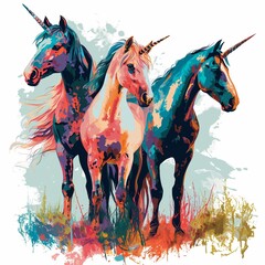 Vibrant watercolor unicorns, poised in artful splendor