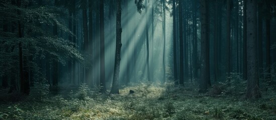Enchanting forest with a mesmerizing light shining through the lush green trees