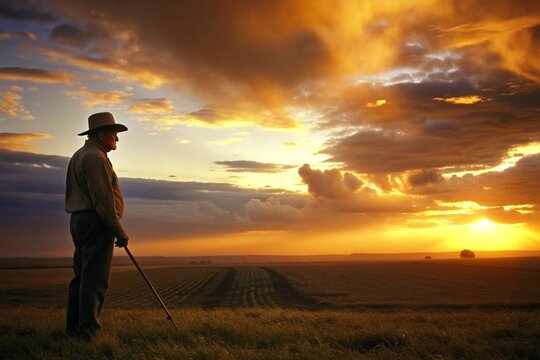 A Weathered Farmer Surveying His Land at Sunset