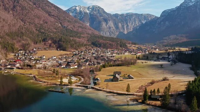 Scenery of beautiful Austria village Obertraun Lake Hallstatt in Salzkammergut. Landscape of Austrian Alps with traditional alpine houses