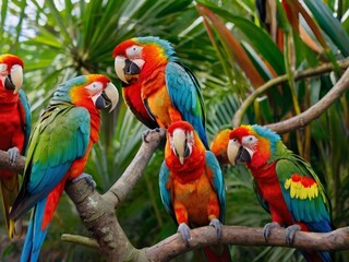 A group of colorful parrots sitting on tree branches and shouting fun

