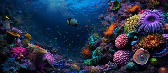 Naklejka na ściany i meble Vibrant Underwater World: Colorful Coral Reef teeming with Diverse Marine Life and Tropical Fish