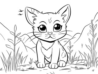 cat with a flower coloring book page black and white outline zoo animals illustration for children