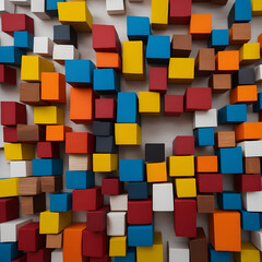 Top view of stacks of colorful wooden blocks on a white background