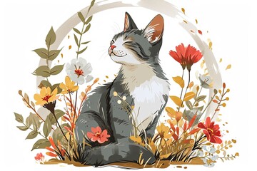Watercolor vintage style cute kitten cats with bright colored boho spring flowers illustration background - obrazy, fototapety, plakaty
