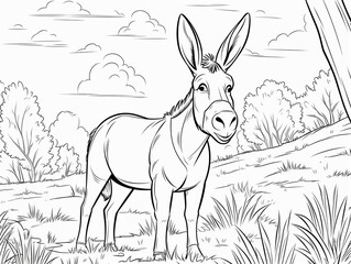 donkey in the meadow coloring book page black and white outline zoo animals illustration for children