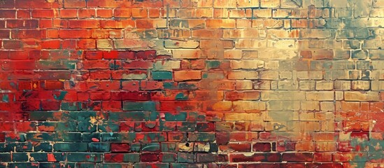 A detailed shot of a vibrant brick wall showcasing a beautiful pattern created by the colorful bricks, surrounded by green grass and wooden flooring - obrazy, fototapety, plakaty