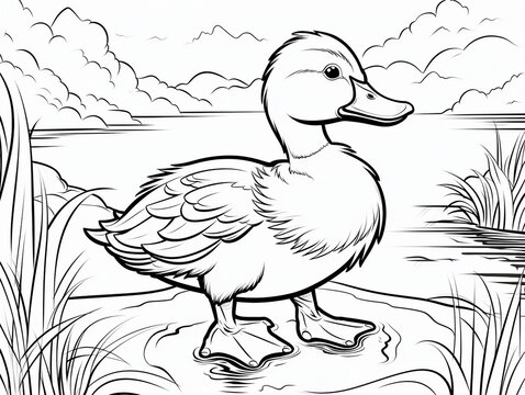 duck coloring book page black and white outline zoo animals illustration for children