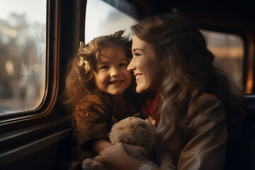 Smiling mother showing something to her little daughter while sitting in train and looking through the window