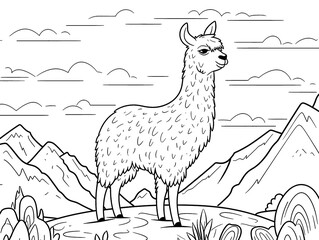 Llama coloring book page black and white outline zoo animals illustration for children
