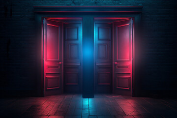 Two Doors opens and lets the red and blue light in. Useful for multiple concepts, choice, business opportunity, taking chances, hope - obrazy, fototapety, plakaty