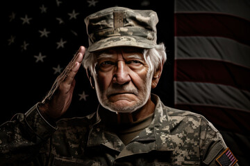 Fototapeta premium senior soldier saluting with flag