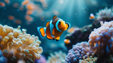 Naklejka na ściany i meble Clown fish swimming in the corals.