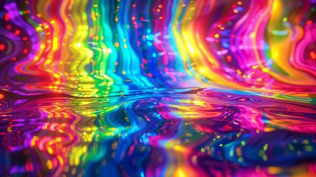 Abstract rainbow color backdrop with oil drops and waves on water surface under vivid colored rainbow neon light, futuristic high colored tech style fantasy dramatic background.