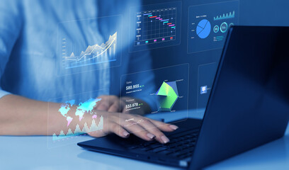 Business finance data analytics graph.Financial management technology.Advisor using KPI Dashboard on virtual screen.	