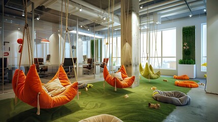 Whimsical office space with playful swings and oversized bean bags, modern office interior design
