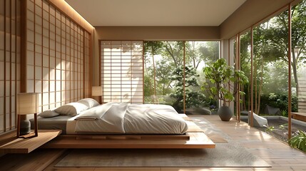 Zen inspired modern bedroom design with a platform bed and sliding shoji screens opening to a peaceful Japanese garden, Scandinavian style