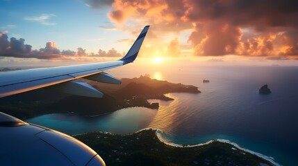 Airplane Wing Flying Over Tropical Landscape

