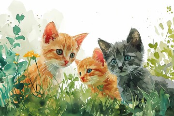 Watercolor cute kitten cats clip art with bright colored boho spring flowers illustration background - obrazy, fototapety, plakaty