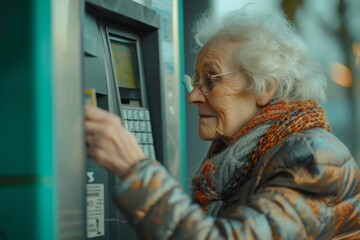a happy elderly woman using her credit card at an ATM
