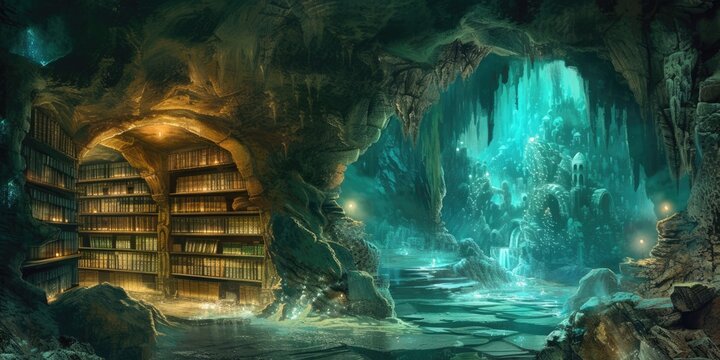 An ancient library filled with magical books, glowing orbs, and mystical artifacts. Shelves reach up to a high, vaulted ceiling, with soft light filtering through stained glass windows. Resplendent.