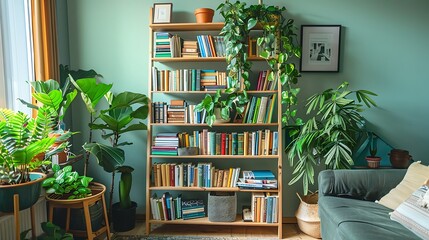 A ladder style bookshelf leaning against a wall, showcasing a mix of books, potted plants, and framed artwork, adding visual interest to a cozy reading corner