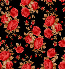 Watercolor flowers pattern, red tropical elements, golden leaves, black background, seamless