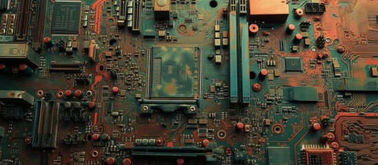Detailed close up of a modern computer motherboard with electronic components